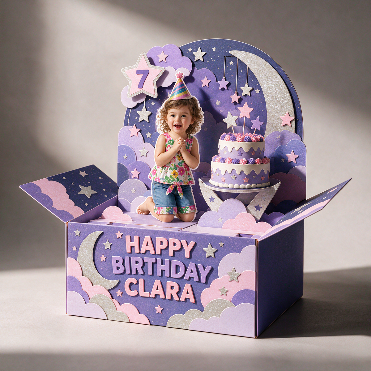 Personalized Moon and Stars Pop-Up Box Card - Birthday Cake with Custom Photo, Name and Age