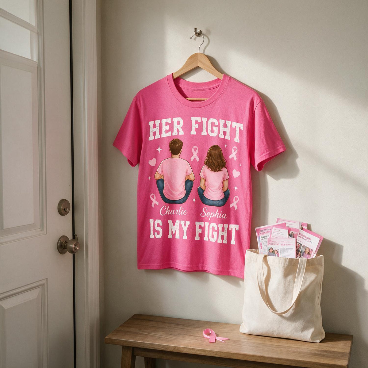 Personalisierte Brustkrebsbewusstsein T-Shirt für Paare - Ihr Kampf ist mein Kampf Geschenk