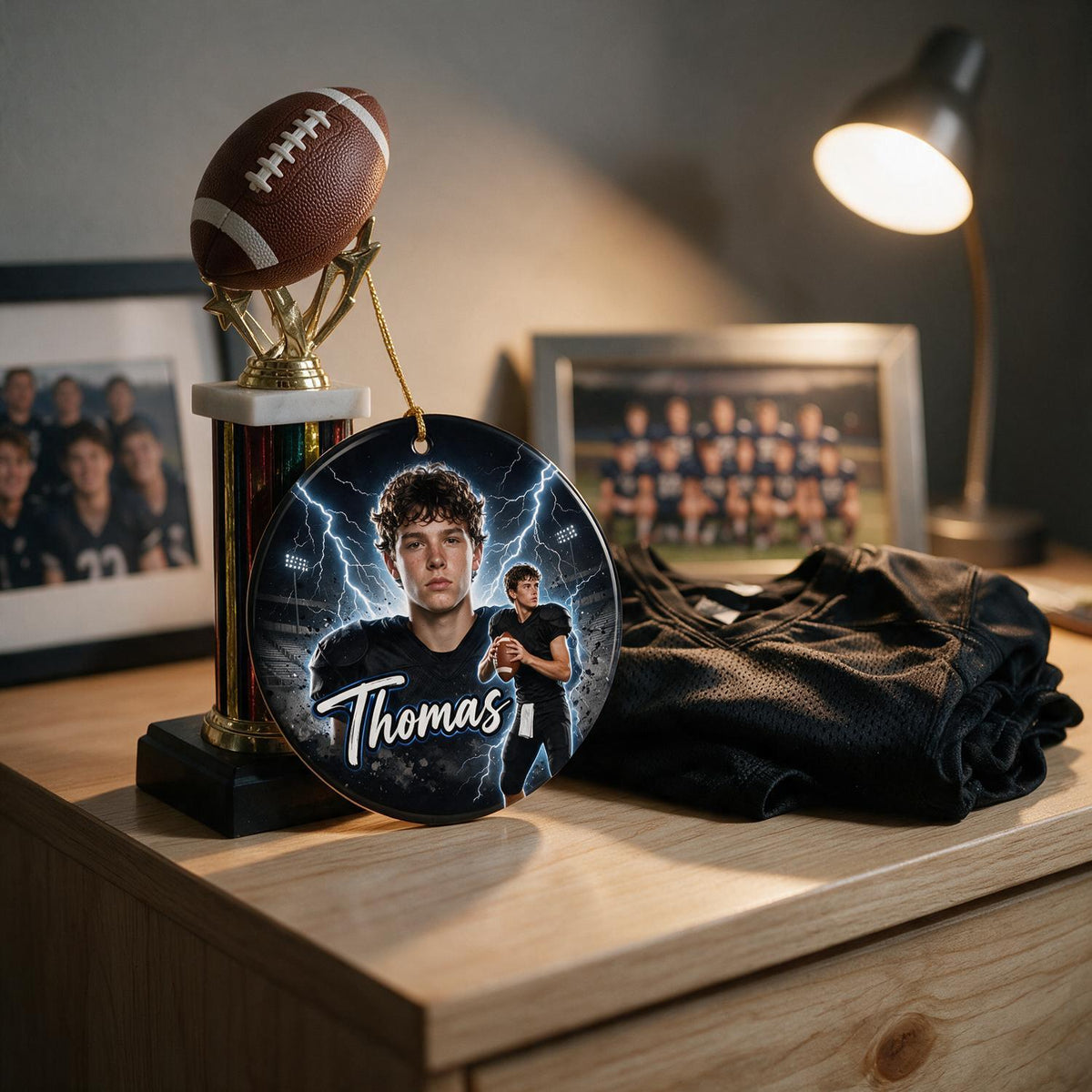 Personalized Bootleg Football Photo Ceramic Ornament, Custom Sports Gift for Athlete
