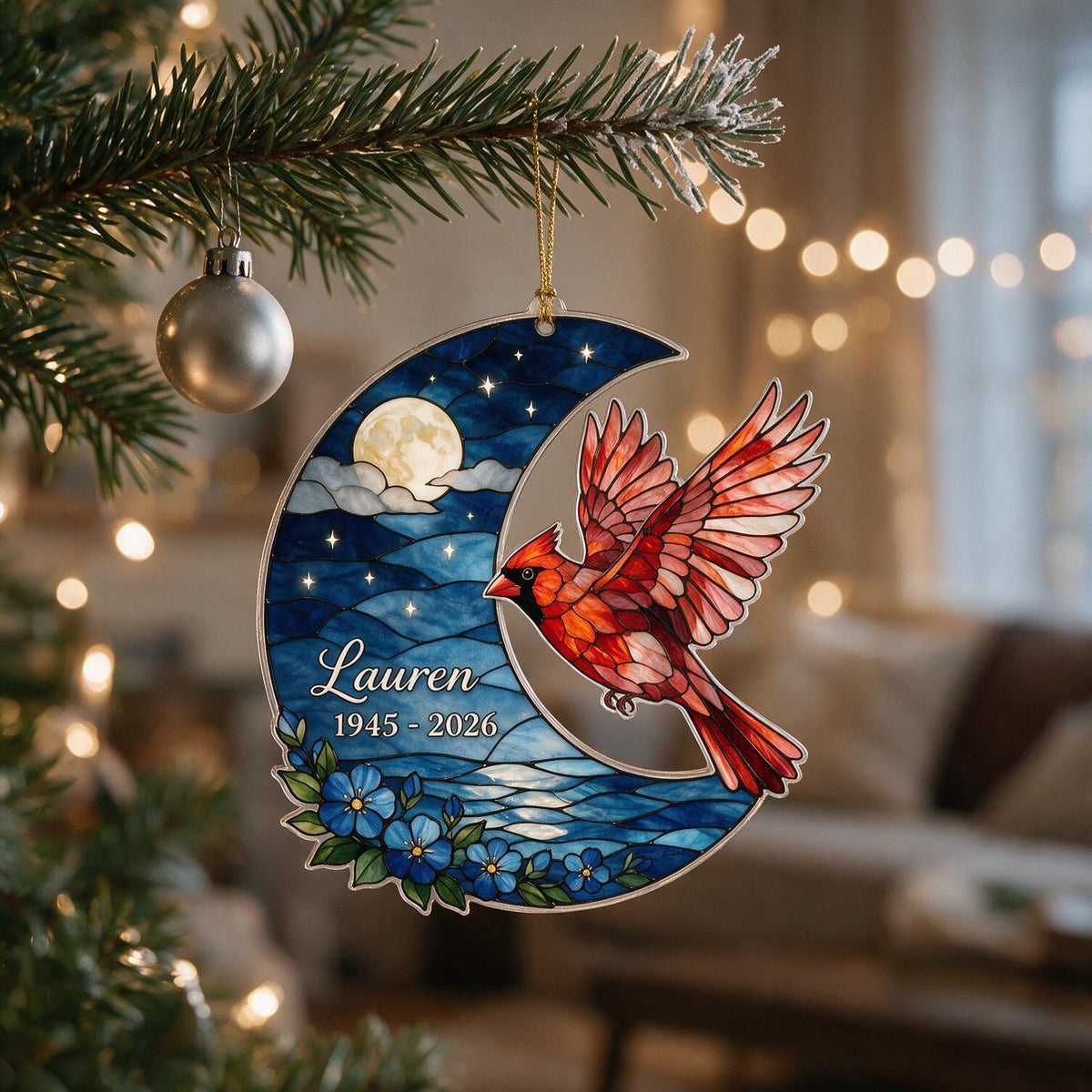 Personalized Memorial Pet Photo Acrylic Ornament - Crescent Moon Stained Glass Style Sympathy Gift