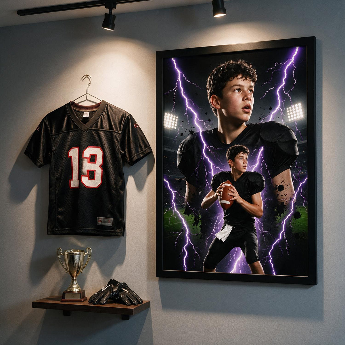 Custom Photo Teen Football Player Lightning Bootleg Poster - Young Athlete Gift
