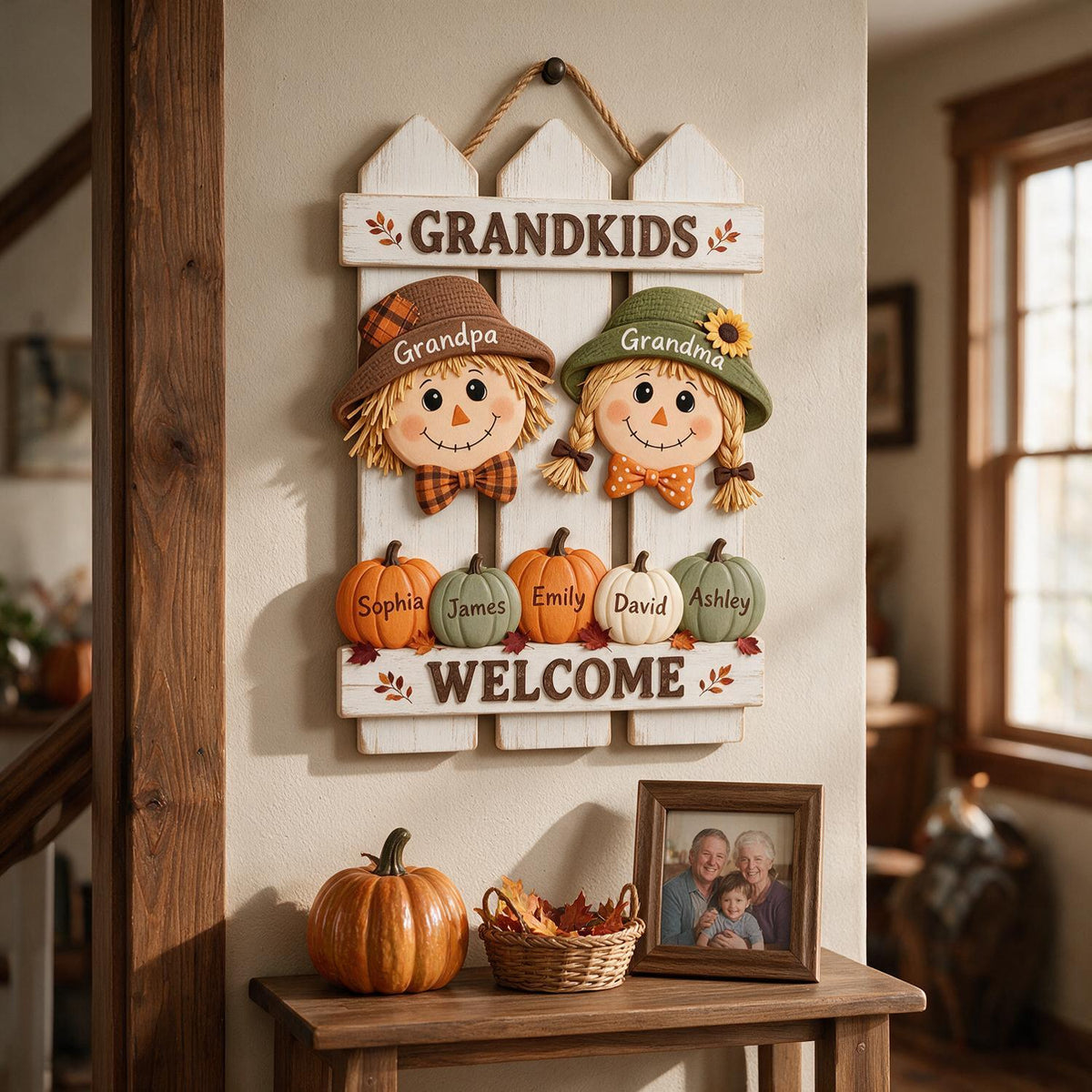 Personalized Fall Scarecrow Grandparents Welcome Wood Sign, Grandkids Gift