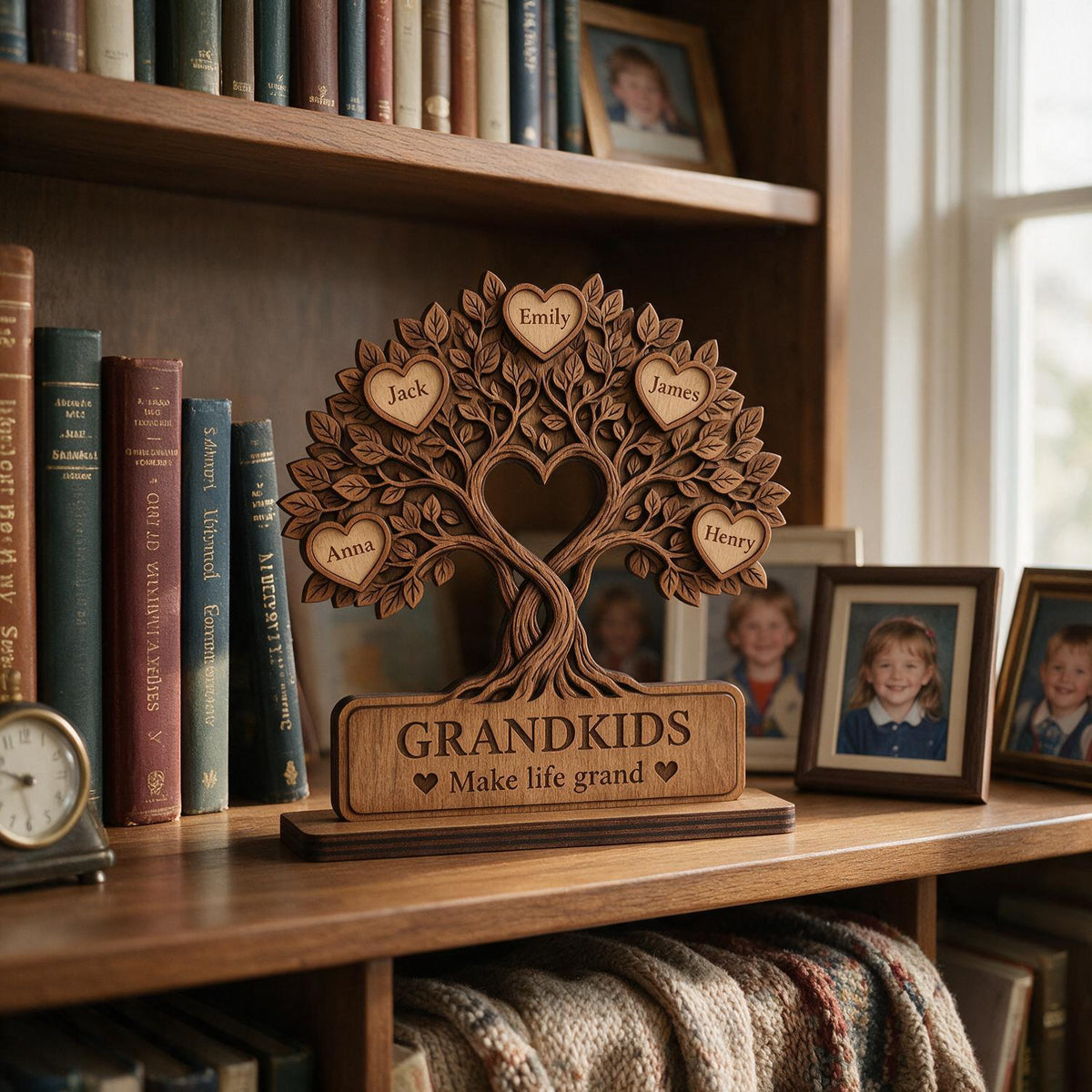 Personalized Family Tree Heart Wooden Plaque - Grandkids Make Life Grand Keepsake Gift for Grandparents
