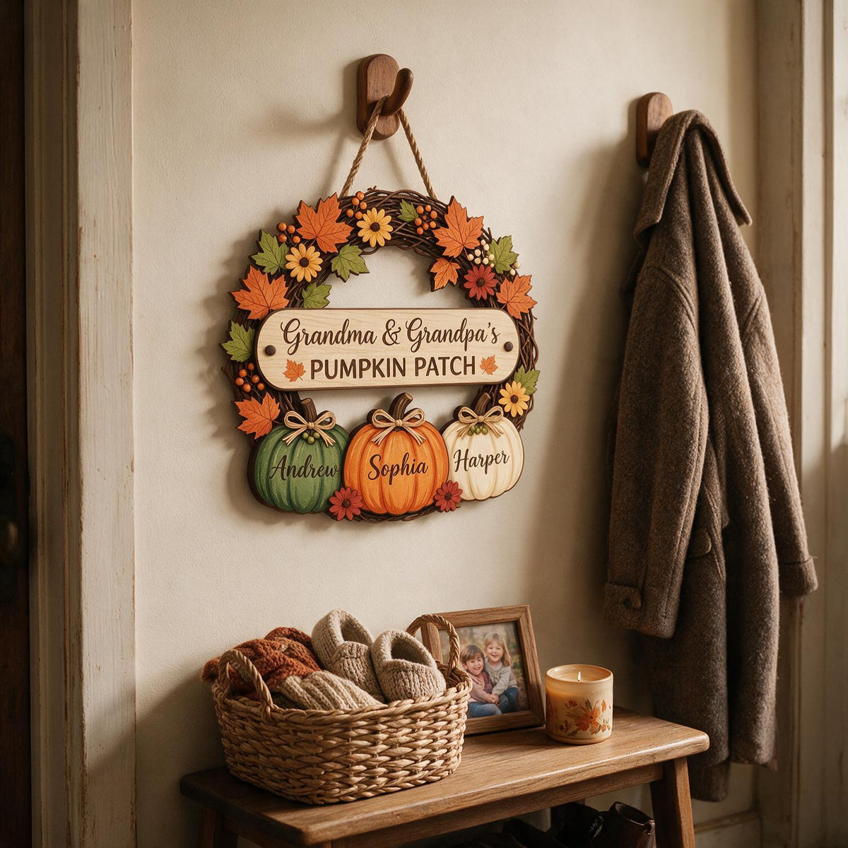 Personalized Fall Grandma & Grandpa's Pumpkin Patch Door Wreath, Custom Grandkids Names Decor