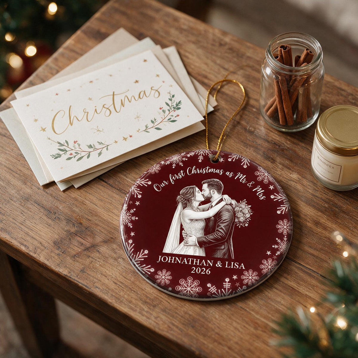 Personalized Our First Christmas as Mr & Mrs Wedding Couple Line Art Ornament, Newlywed Holiday Gift