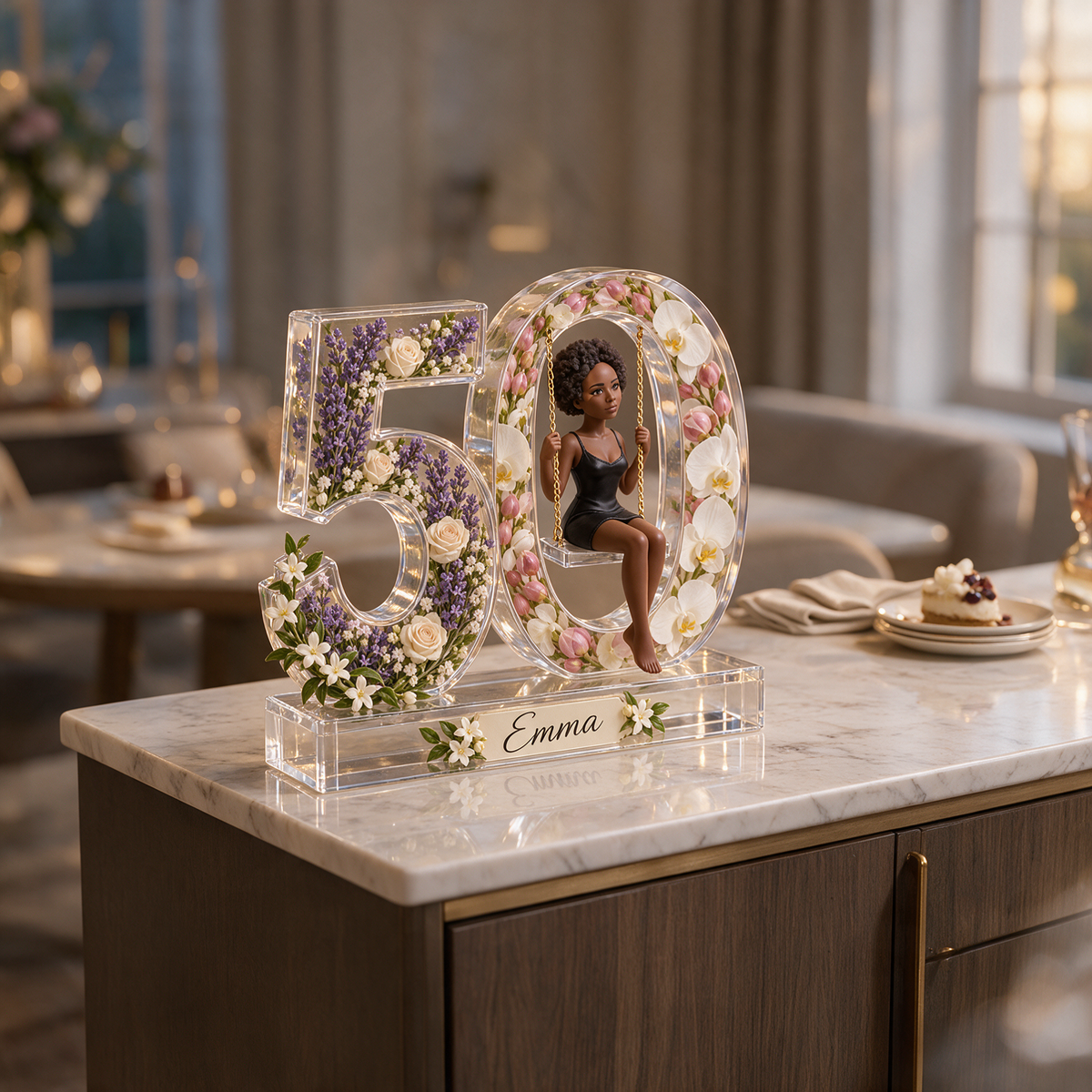 Personalized Custom Photo Floral Swing Acrylic Number Figurine Display - 50th Birthday Gift for Women