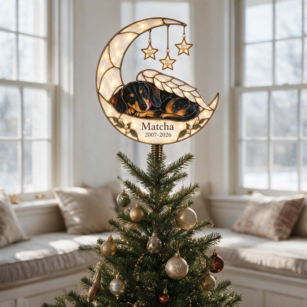 Personalized Dog Memorial Crescent Moon Christmas Tree Topper
