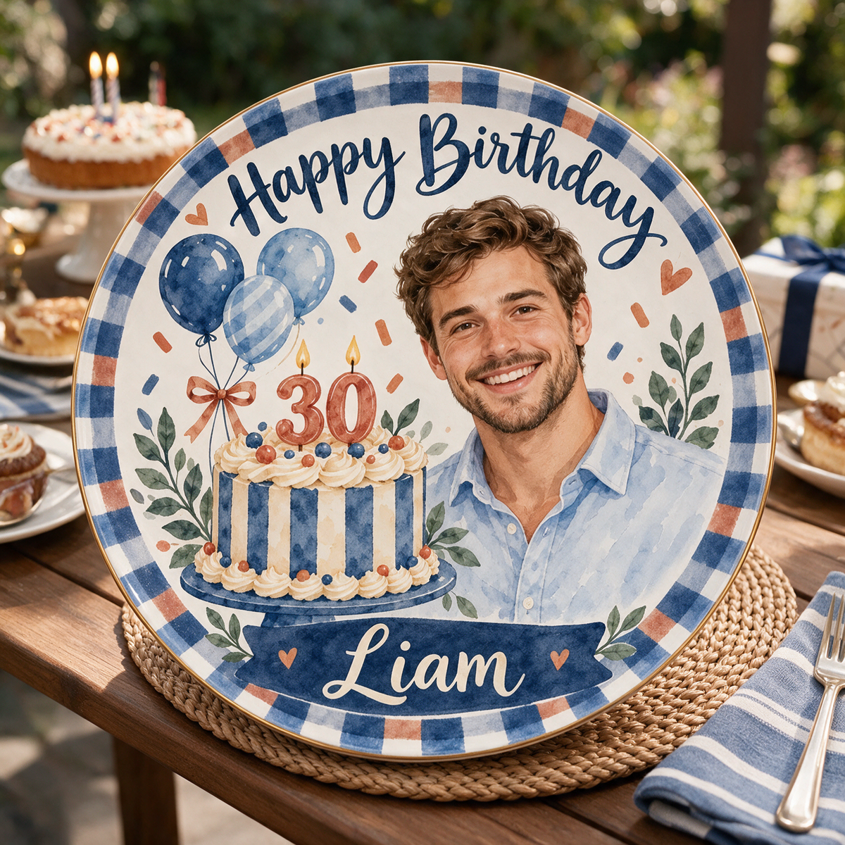 Personalized Birthday Ceramic Round Plate - Navy Gingham Watercolor Portrait Gift