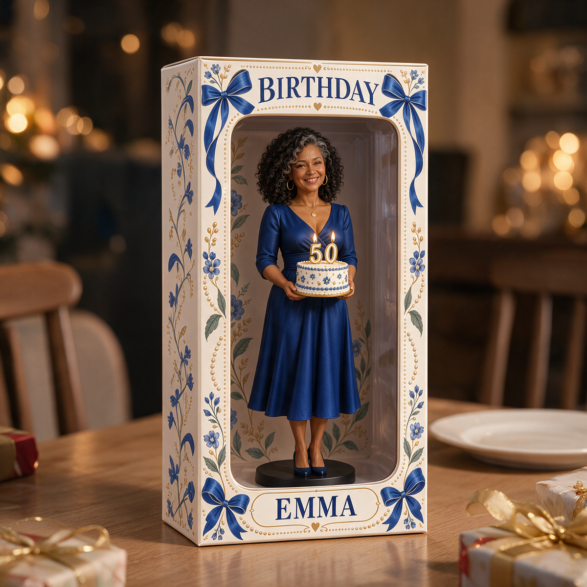 Personalisierte Fotofigurinen-Displaybox mit blauer Schleife - 50. Geburtstagsgeschenk für Frauen