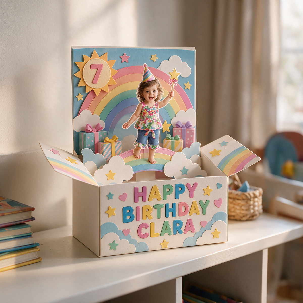 Personalized Birthday Rainbow Pop-Up Box Card with Custom Photo, Name and Age