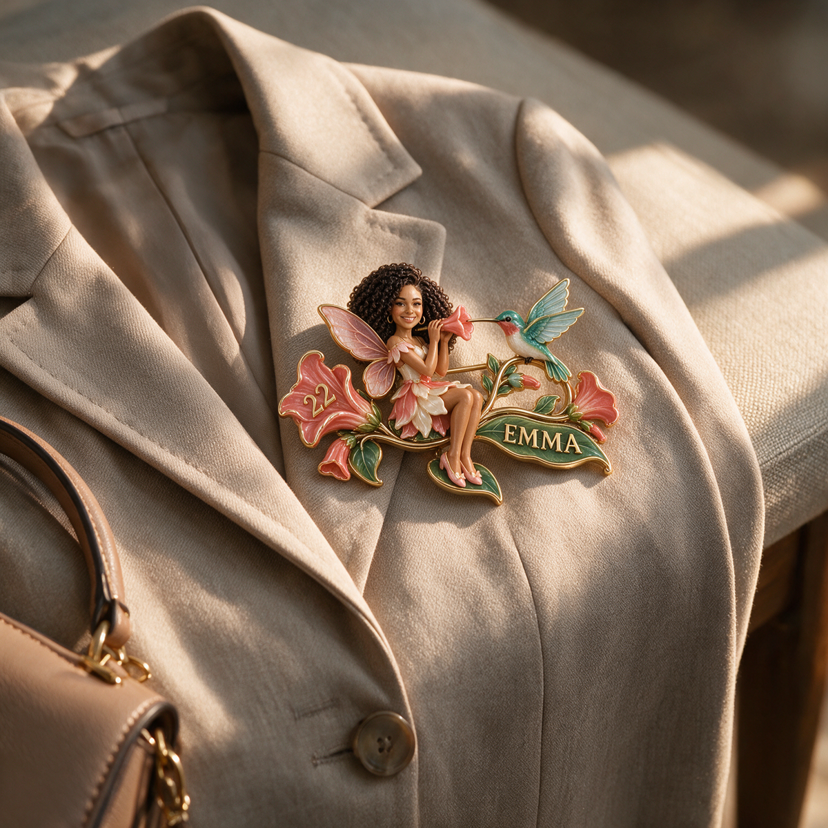 Personalisierte Blumenfee Brosche - Geburtstagsgeschenk mit Foto, Name und Alter, Kolibri und Trompetenblumen