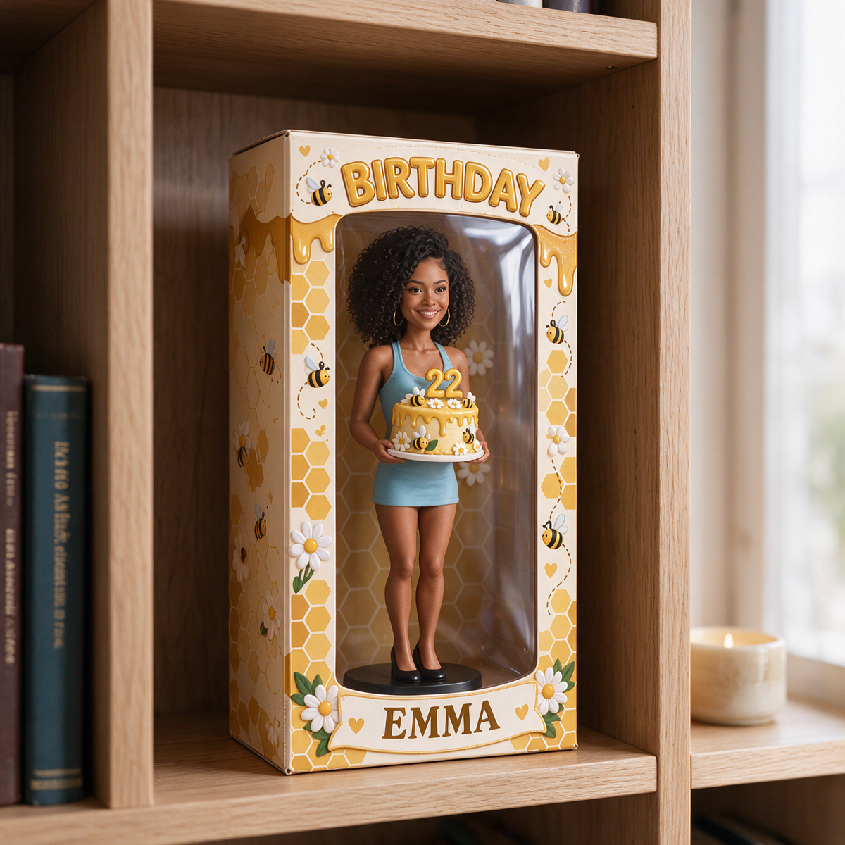 Personalized Birthday Display Box - Portrait Figurine, Bee Cake, Name and Age