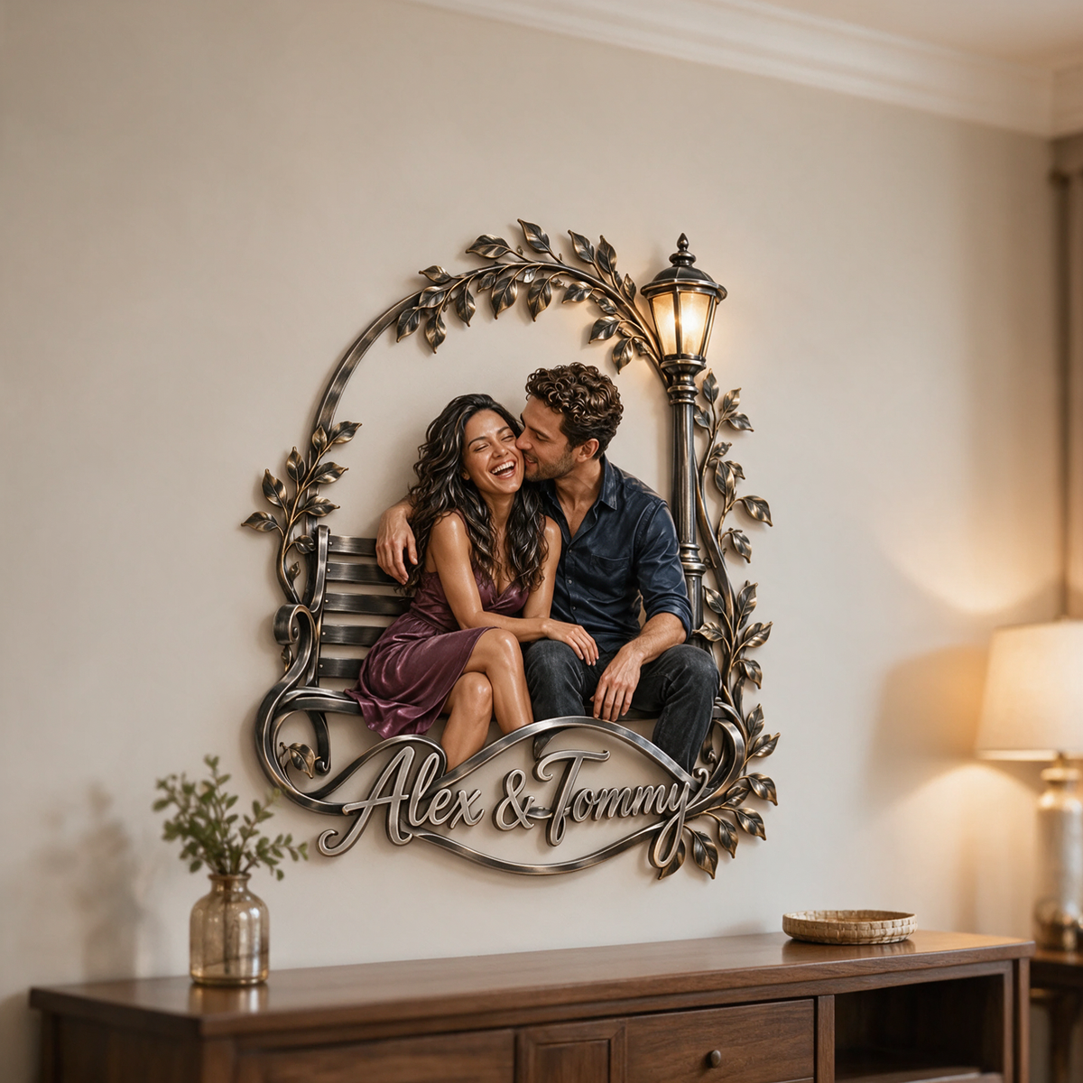 Personalisierte 3D Metall Wandkunst Parkbank - Geschenk für Paare