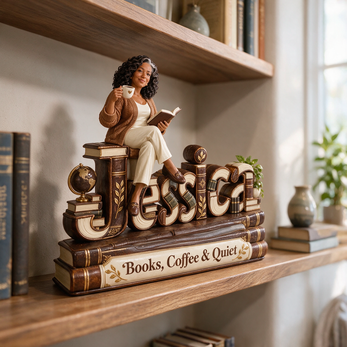Personalized Custom Photo Book and Coffee Lover 3D Name Figurine - Gift for Older Women