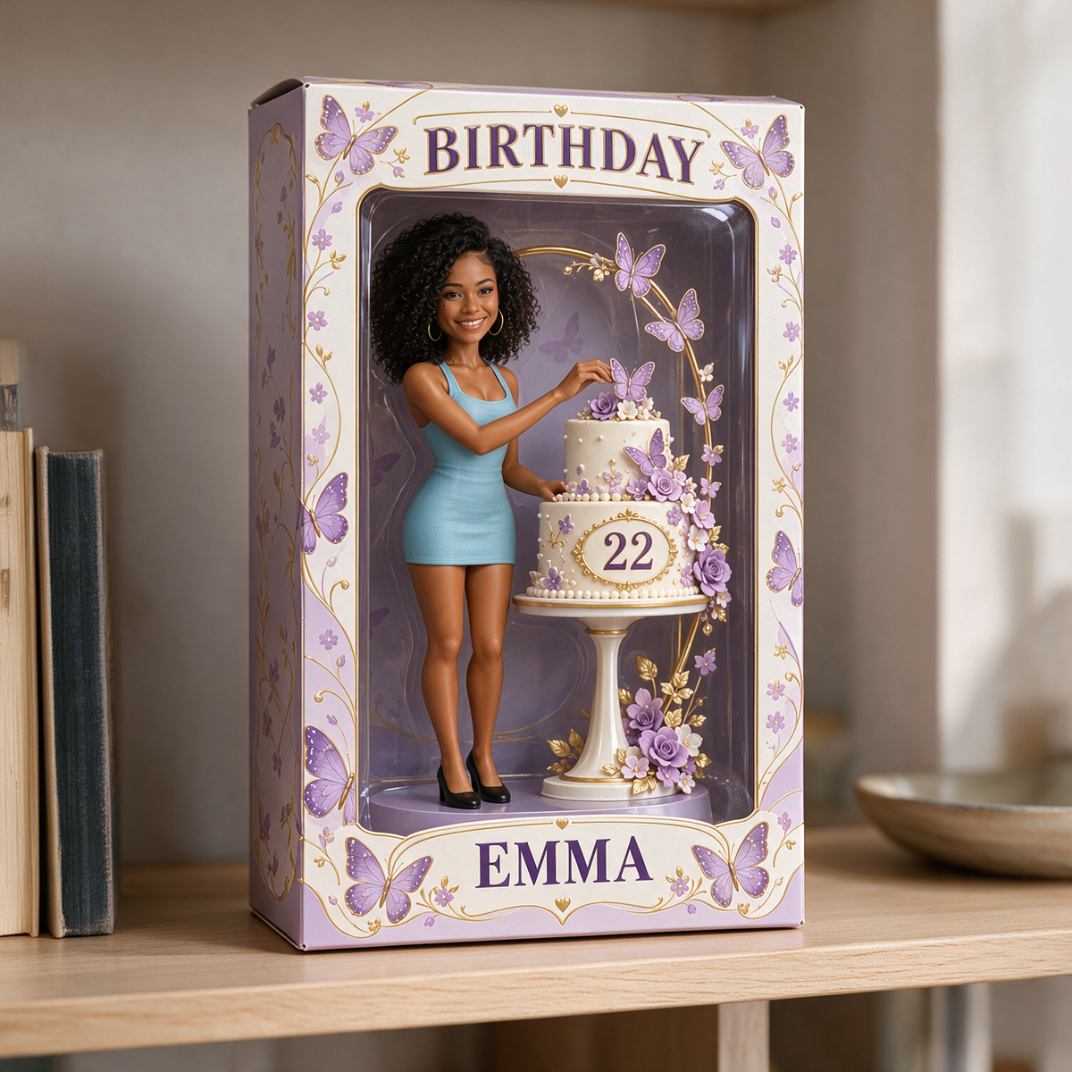 Personalized Birthday Display Box - Portrait Figurine with Butterfly Cake, Name and Age