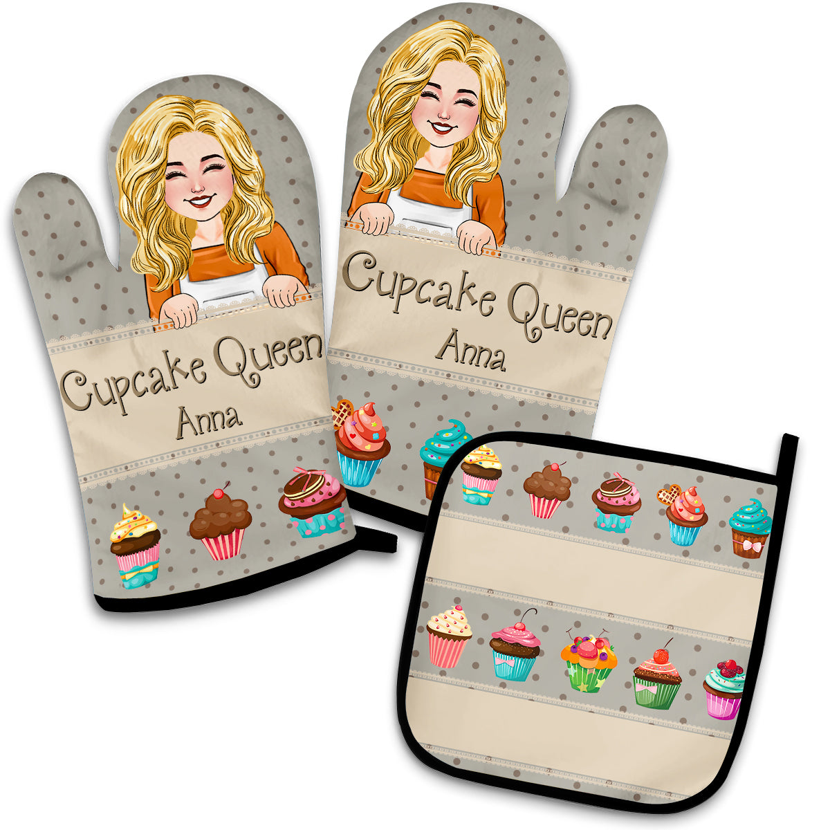 Cupcake Queen – Personalisiertes Set aus Ofenhandschuhen und Topflappen