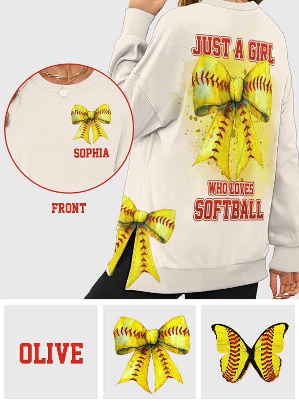 Einfach ein Mädchen, das Softball liebt – personalisiertes Softball-Sweatshirt mit geteiltem Saum