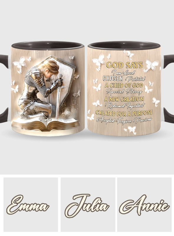 Gott sagt, ich bin ein Krieger – Personalisierte Tasse mit christlichem Akzent