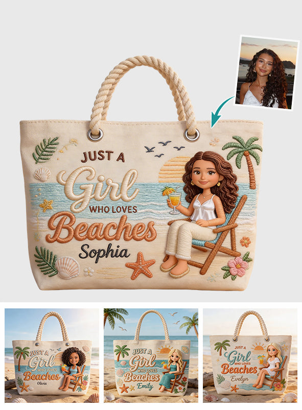 Custom Any Photo Just A Girl Who Loves Beaches - Personalized Sea Lover Beach Bag