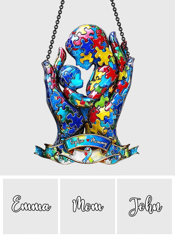 Mutter und Kind – Personalisierter Fensterhänger mit Sonnenfänger zum Thema Autismus