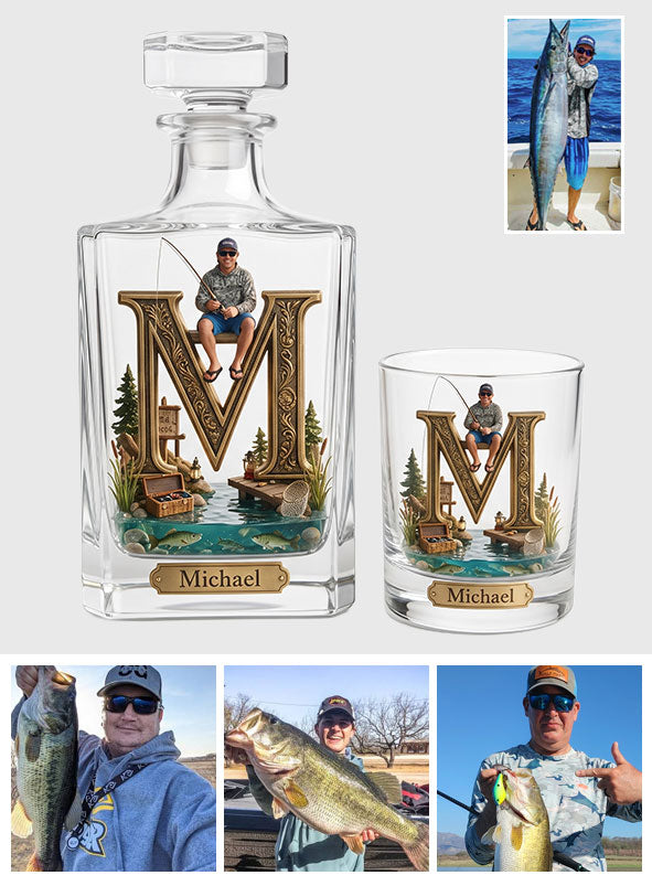 Custom Initial Gift For Fishing Lover - Personalized Fishing Whiskey Decanter Set