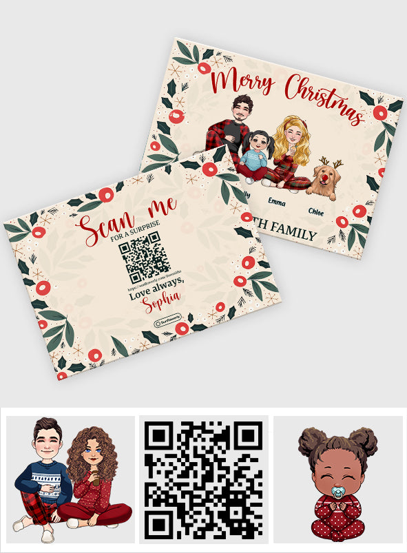 Fröhliche Weihnachten, Blätter & Beeren – Personalisierte QR-Grußkarte
