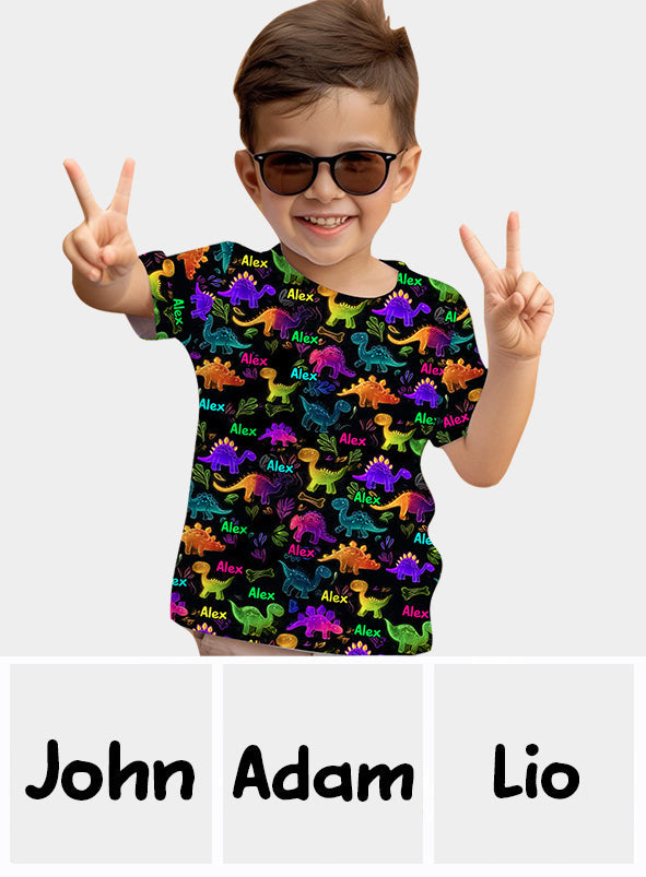 Dinosaurier-Shirt – perfekt für Kinder, die draußen unterwegs sein wollen – personalisiertes Kinder-T-Shirt mit Allover-Print
