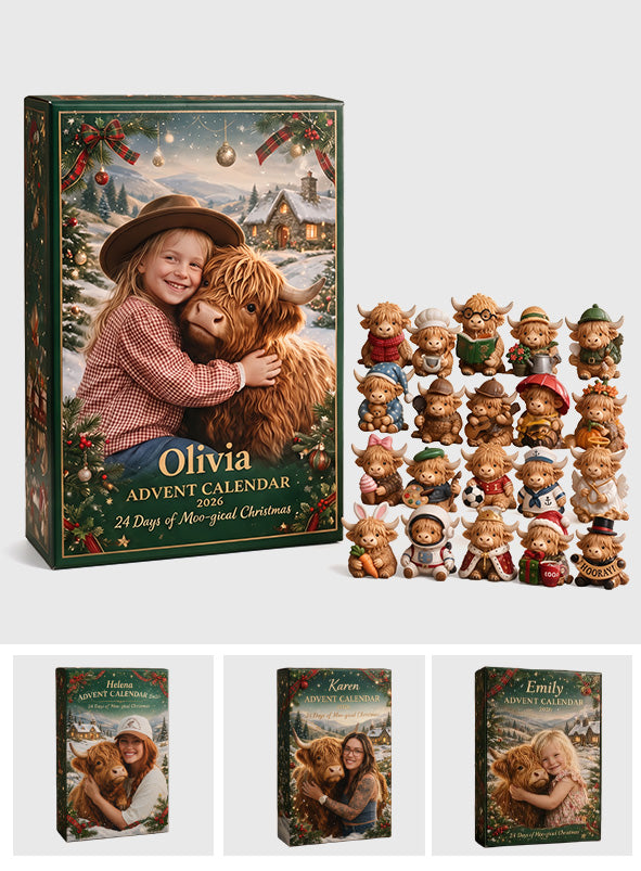 24 Days of Moo-gical Christmas - Personalized Highland Cow Advent Calendar With 3D Collectibles