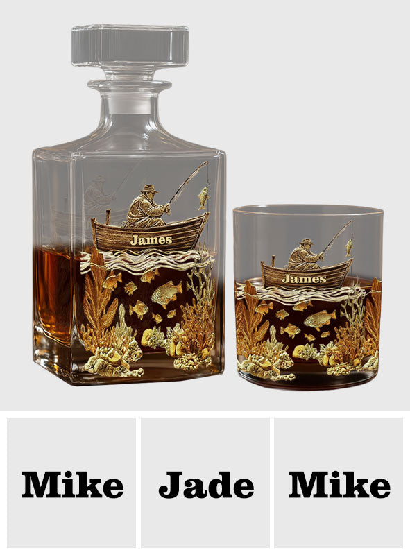 Personalized Fishing Whiskey Bottle and Glass Set - Personalized Fishing Whiskey Decanter Set