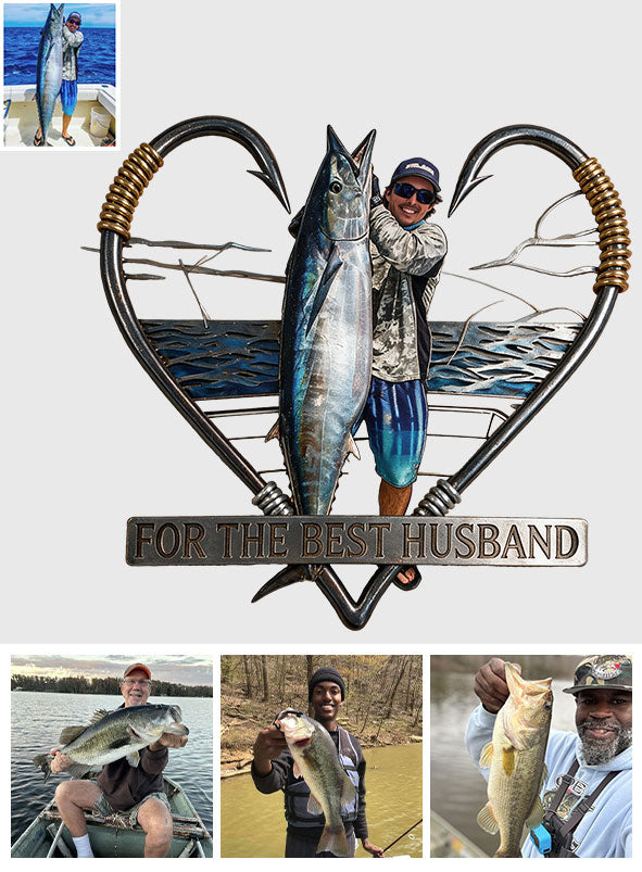 Fishing Hook Heart Frame Wall Art - Personalized Fishing 3D Printed Cut Metal Sign