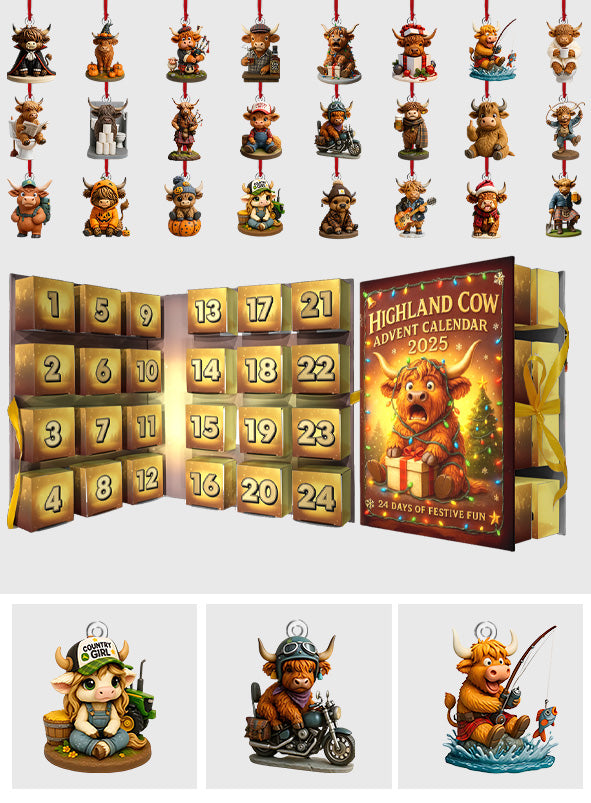 Adventskalender mit Hochlandrindern 2025 – Faltbarer Adventskalender mit Hochlandrindern und Ornamenten