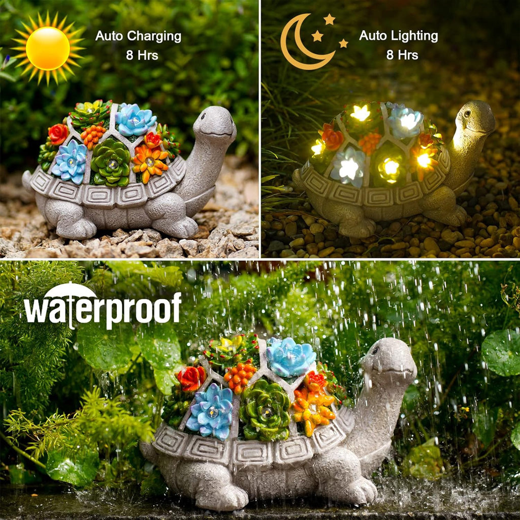 Solarbetriebene Gartenfigur: Schildkröte mit Sukkulente und 7 LED-Leuchten