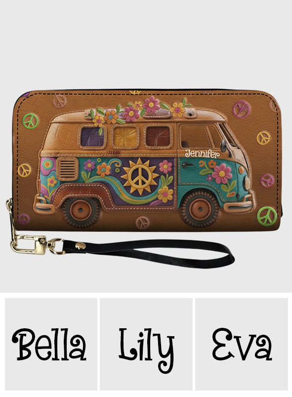 Floraler Hippie-Van – personalisierte Hippie-Ledergeldbörse