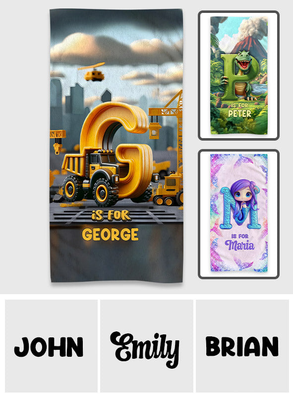 Kinder-Meerjungfrauen-/Dinosaurier-/LKW-Alphabet – personalisiertes, schnelltrocknendes Strand-/Badetuch