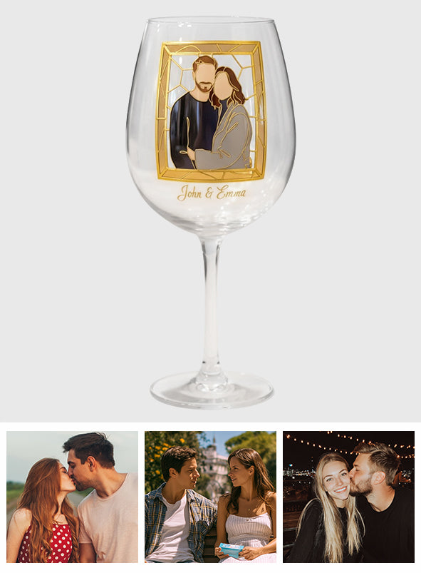 Custom One Line Art From Photo, Hand Painted Stained Glass Style - Personalized Couple Wine Glass With Long Stem