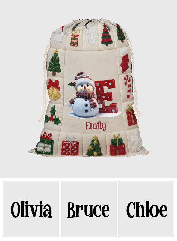 Alphabet SnowmanPresents Bag - Personalized Family Drawstring Tote Bag