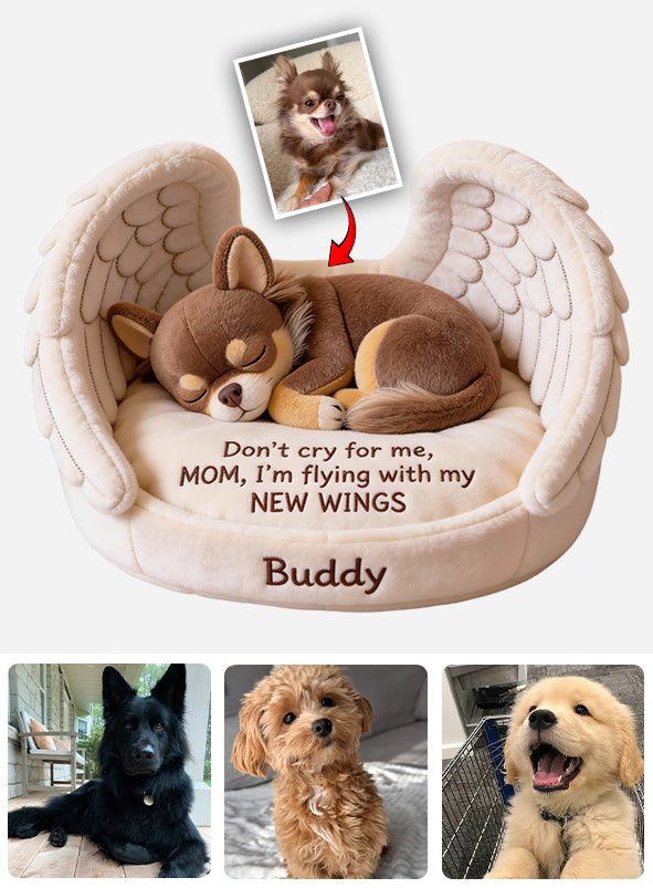 Weine nicht um mich – personalisiertes Kissen in Hundeform aus Kunstfell