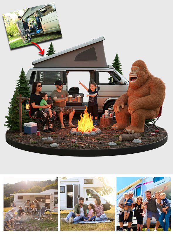 Lustiges Camping-Motiv mit Sasquatch, individuell gestaltet nach Foto – Personalisierte Camping-Acrylplakette in Sonderform