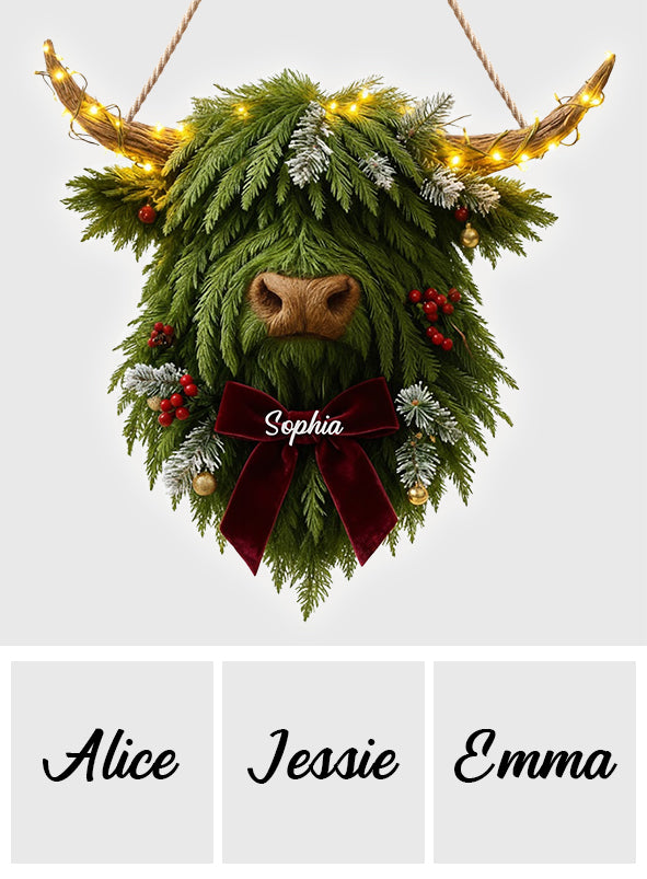Kranz mit Hochlandrind-Motiv – Personalisiertes Acryl-Schild mit LED-Beleuchtung und Hochlandrind-Motiv