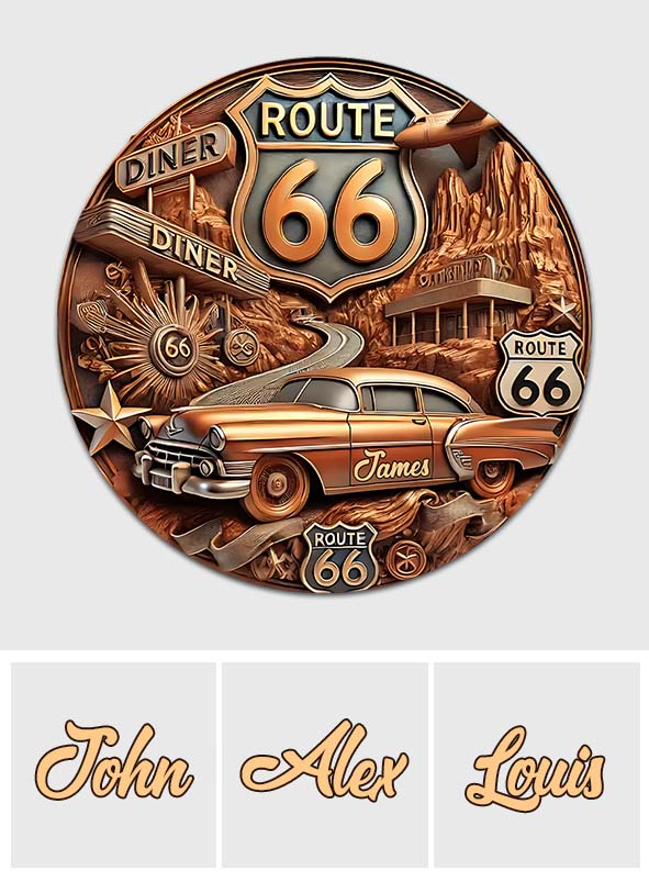 Vintage Route 66 - Personalisiertes rundes Holzschild im Muscle-Car-Stil