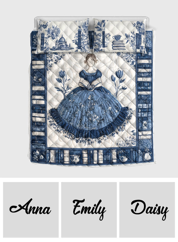 Toile de Jouy Lesendes Mädchen - Personalisiertes Buch-Quilt-Set