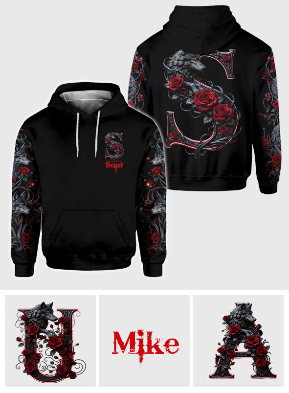Wolf And Roses, Initial Customize - Personalized Wolf All Over Shirt