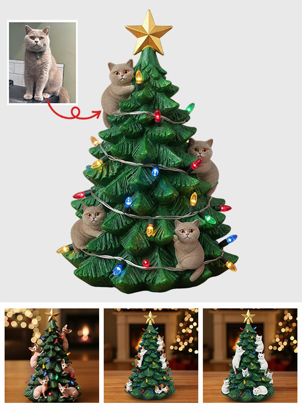 Lustige, freche Katze als Miniatur-Weihnachtsbaum – personalisierte Acrylplakette in Katzenform