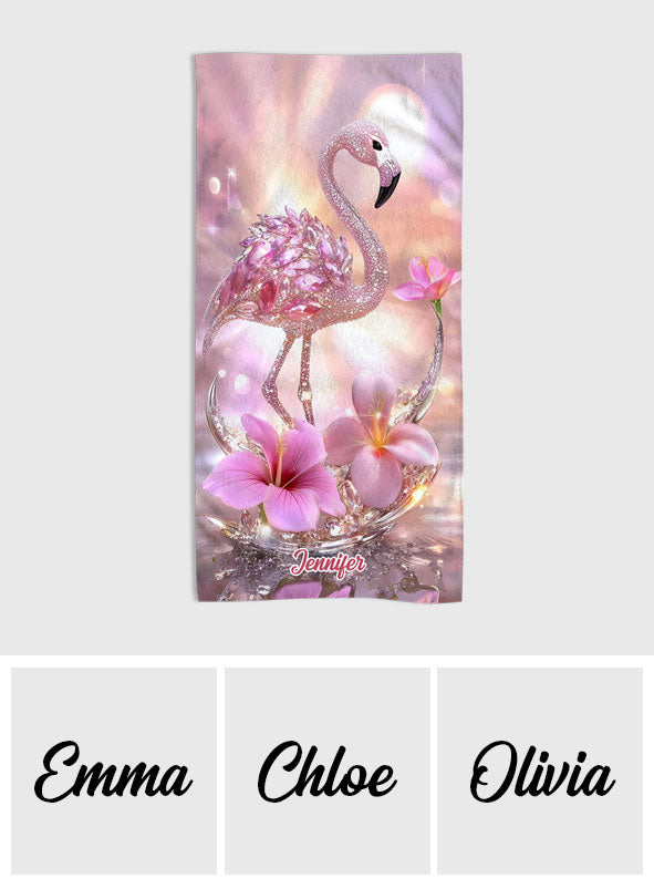 Der Strand ruft – Personalisiertes Flamingo-Strandtuch/Badetuch, schnelltrocknend