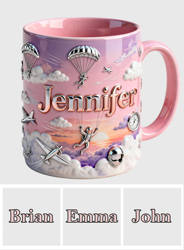Ich liebe Fallschirmspringen – Personalisierte Tasse und Untersetzer mit Fallschirmspringer-Motiv