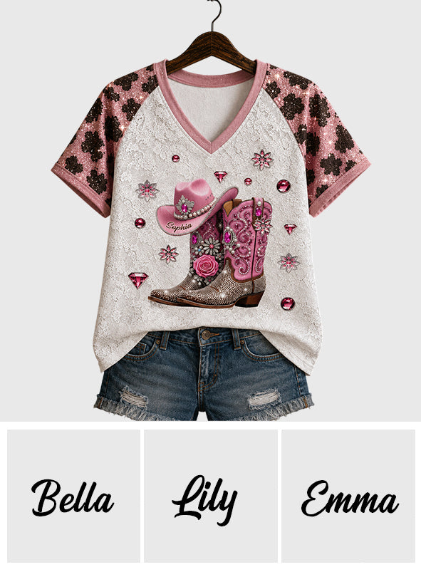 Western Style Cowboy Boots - Personalized Cowgirl Fully Printed V-Neck T-Shirt