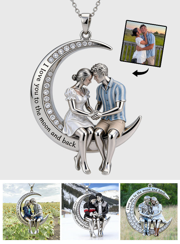 Ich liebe dich bis zum Mond und zurück – Personalisierte Metallkette mit Anhänger in Partnerform