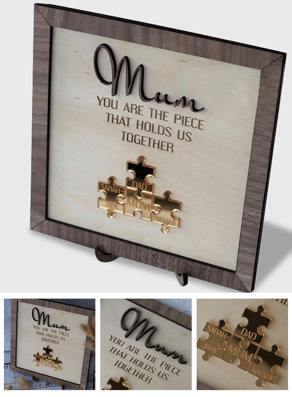 Mama, du bist das Bindeglied, das uns zusammenhält – personalisierte Mutter-Holzplakette mit Puzzles