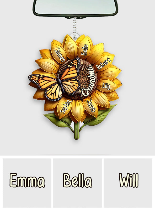 Sonnenblumen-Geschenk für Oma und Mama – Personalisierter transparenter Autoanhänger für Oma