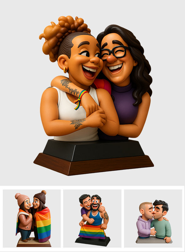 Geschenkidee für Paare mit dem Motiv „Liebe ist Liebe“ – Cartoonhafter, übertriebener Maskottchen-Stil – Personalisierte Acrylplakette zur Unterstützung der LGBTQ+-Community in individueller Form